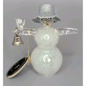 Vtg Christmas Hand Blown Glass Snowman Ornament Bell 22kt Gold Glitter Sculpted